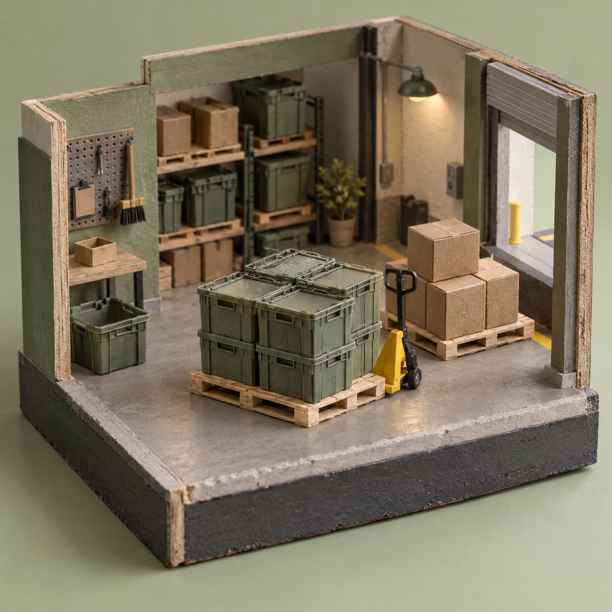 Illustrative scene of local logistics depot: pallets, reusable delivery totes, unmarked shipping boxes