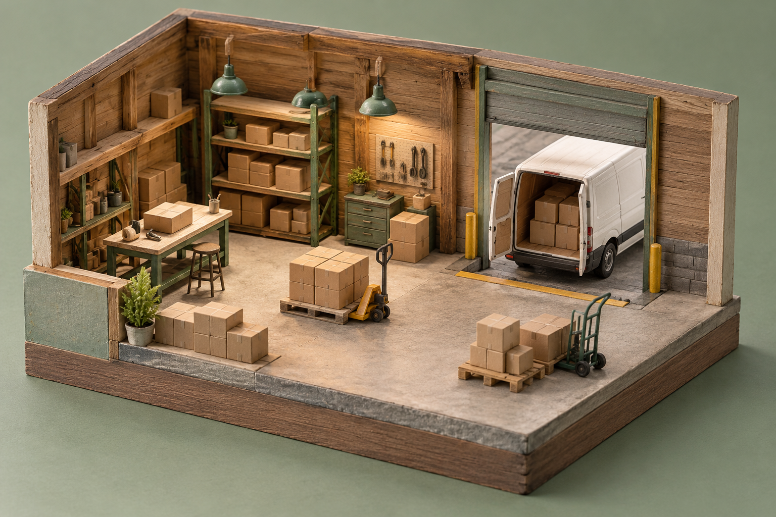 Illustrative scene of local logistics depot: unmarked shipping boxes, a loading bay, a parked unbranded delivery van