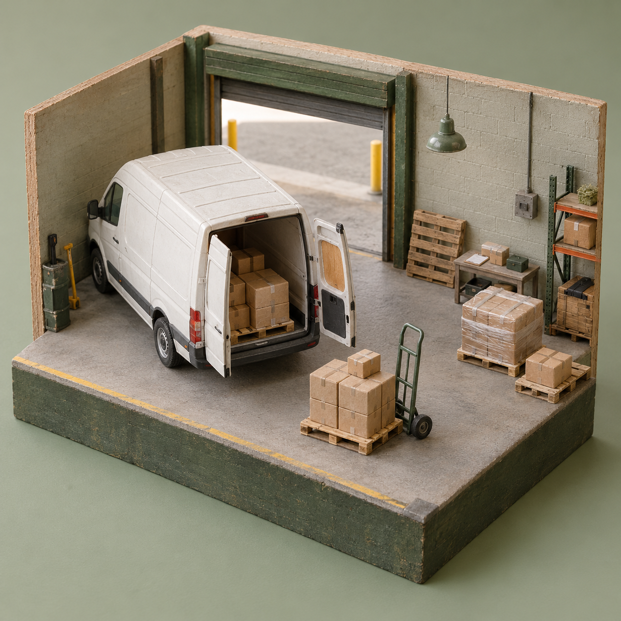 Illustrative scene of local logistics depot: a parked unbranded delivery van, a hand trolley, pallets